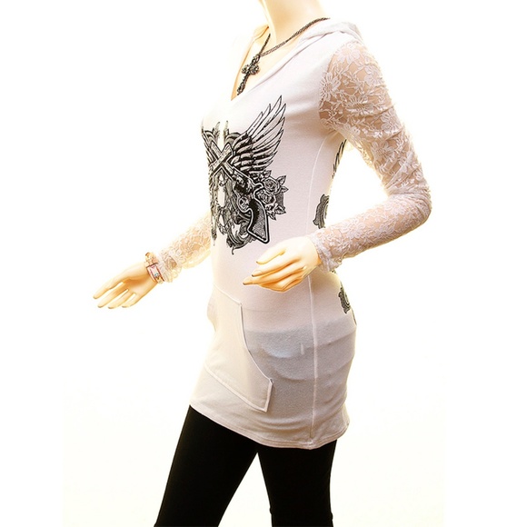 Gothic Angel Wing Fitted Lace Studded Hoodie Top - Picture 5 of 7